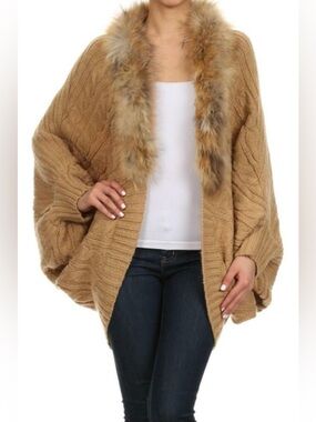 Freeway Anthropologie Women Boho Open Faux Fur Trim Cardigan Dolman Sleeve M